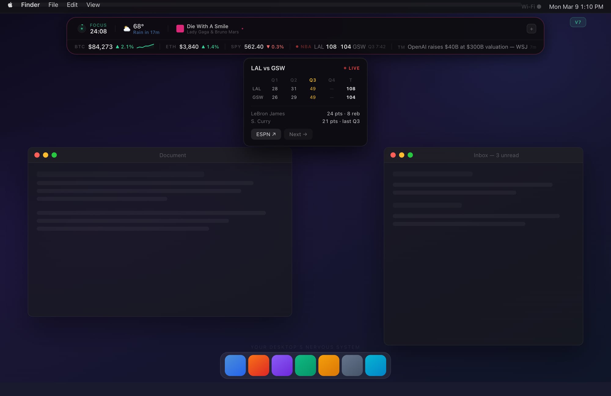 Live score peek — quarter grid + top performers